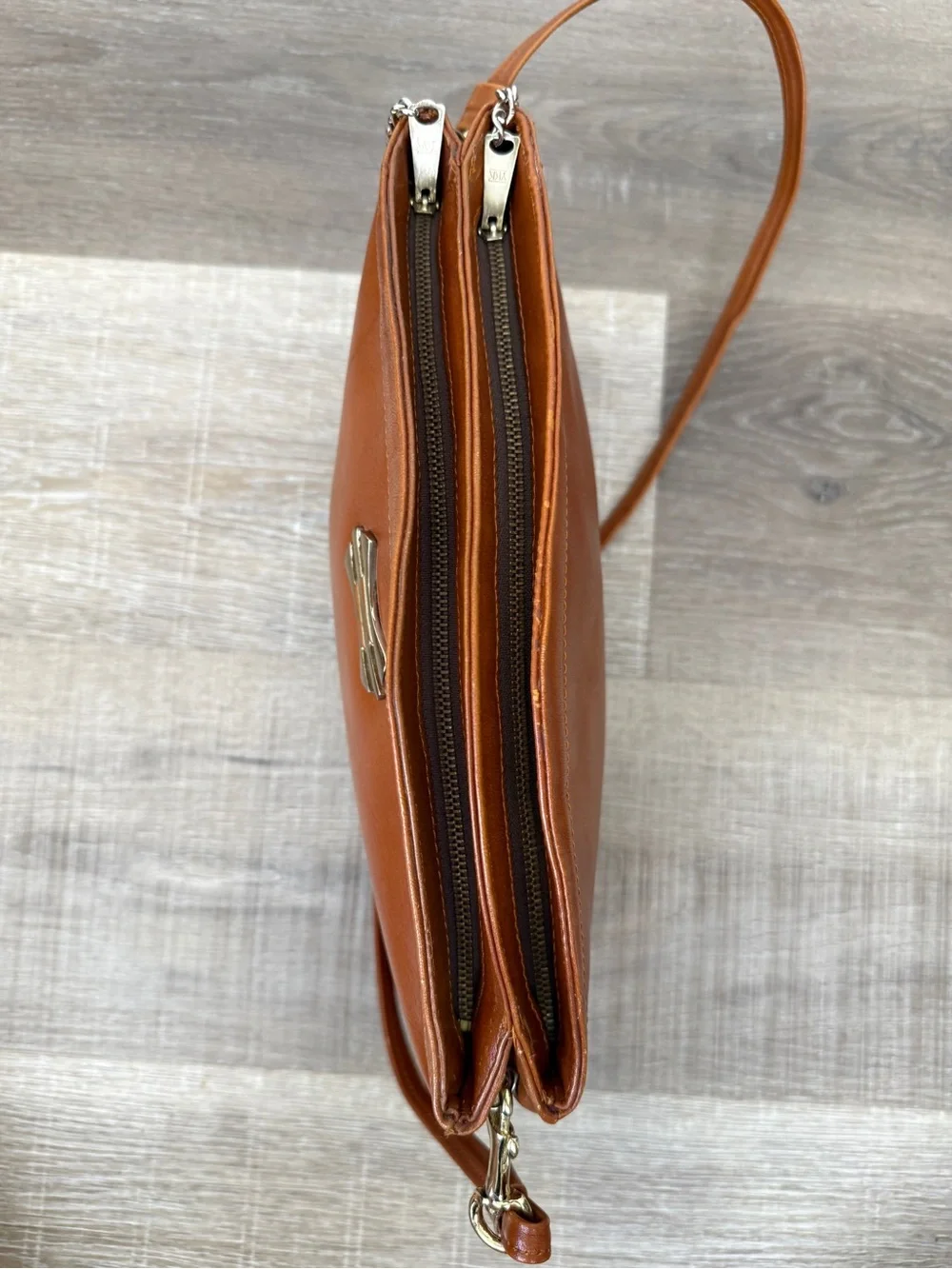 Vintage Brown Leather Double Zip Crossbody Shoulder Bag Purse